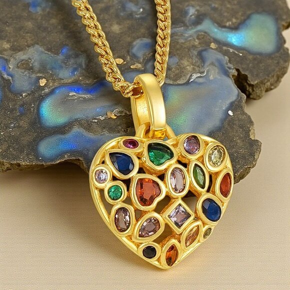 🆕️ Boho Chic Colorful Gem Heart Necklace 18K Gold Plated Stainless Steel - Picture 1 of 14